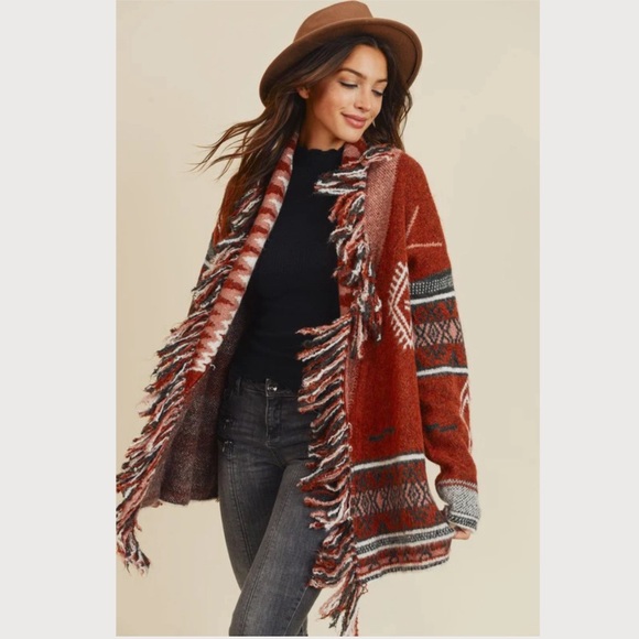 Doe & Rae Sweaters - Doe & Rae Aztec Open Front Fringe Cardigan Sweater Brown Multi Size L EXCELLENT!